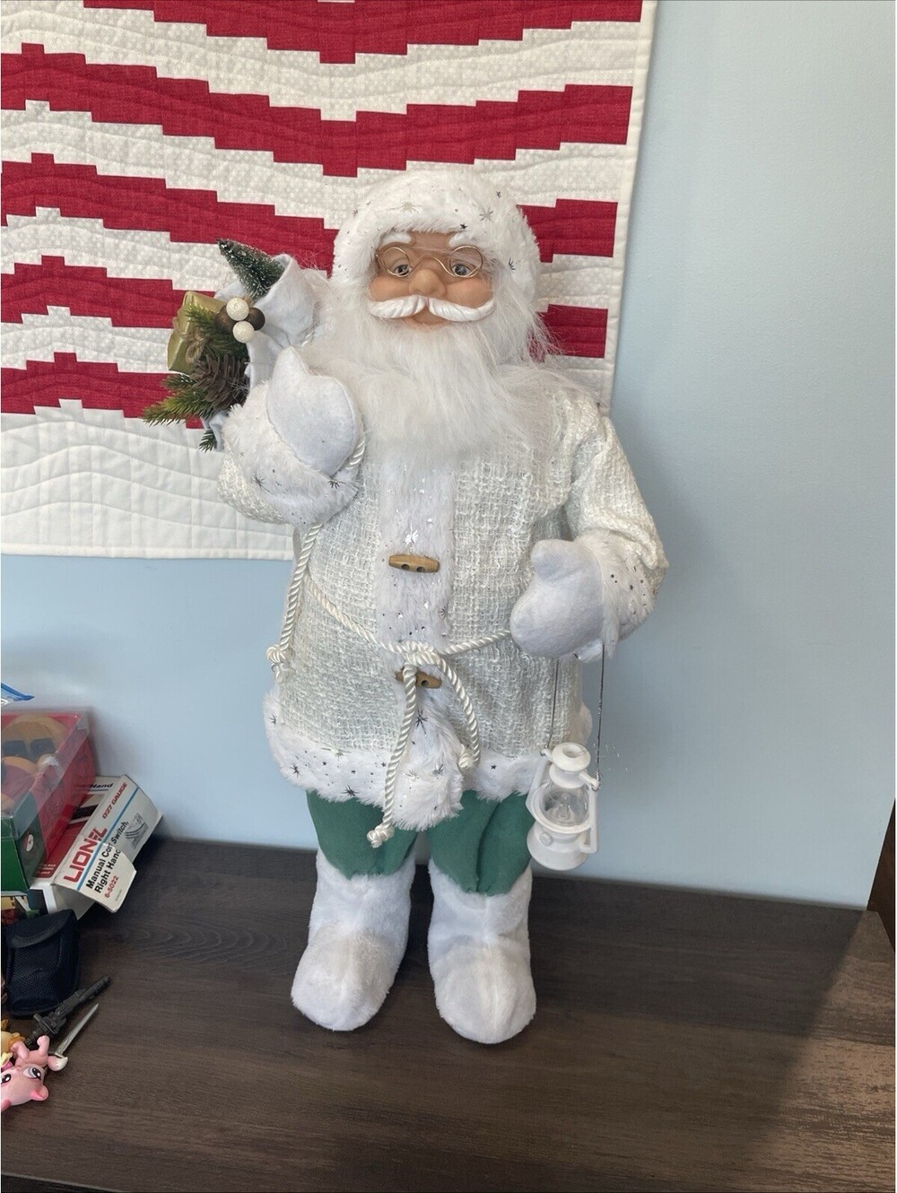 Standing Santa W/ Eyeglasses Bag & Lantern 25” Tall Holiday Decor White w/ Green